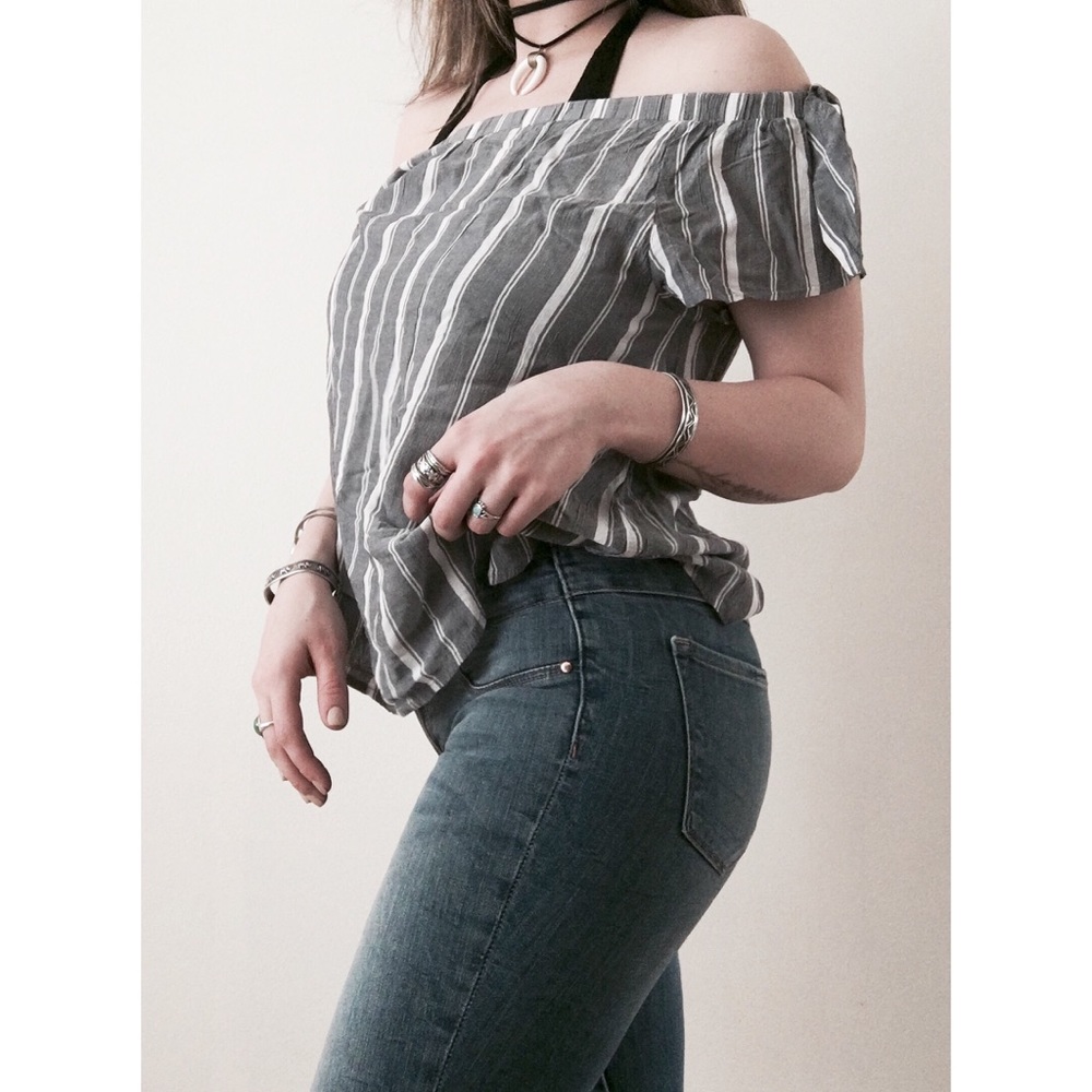 Striped off the Shoulder Short Sleeve Blouse Top